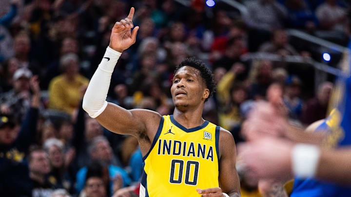 Jan 10, 2025; Indianapolis, Indiana, USA; Indiana Pacers guard Bennedict Mathurin (00) celebrates a made basket in the second half against the Golden State Warriors at Gainbridge Fieldhouse. Mandatory Credit: Trevor Ruszkowski-Imagn Images Jan 10, 2025; Indianapolis, Indiana, USA; Indiana Pacers guard Bennedict Mathurin (00) celebrates a made basket in the second half against the Golden State Warriors at Gainbridge Fieldhouse. Mandatory Credit: Trevor Ruszkowski-Imagn Images