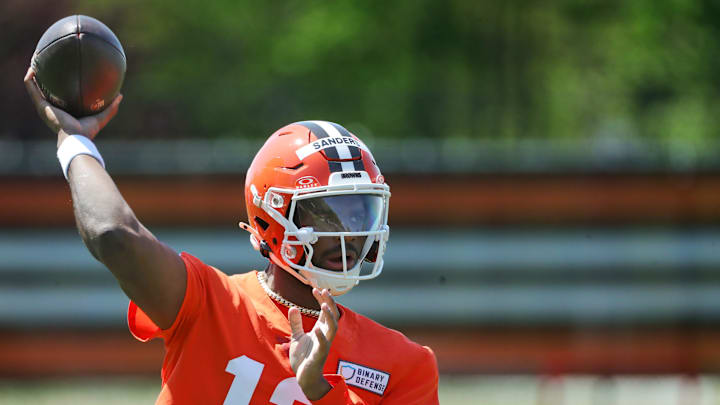 Cleveland Browns quarterback Shedeur Sanders (12) throws during day two of NFL rookie minicamp at the Cleveland Browns training facility on Saturday, May 10, 2025, in Berea, Ohio.