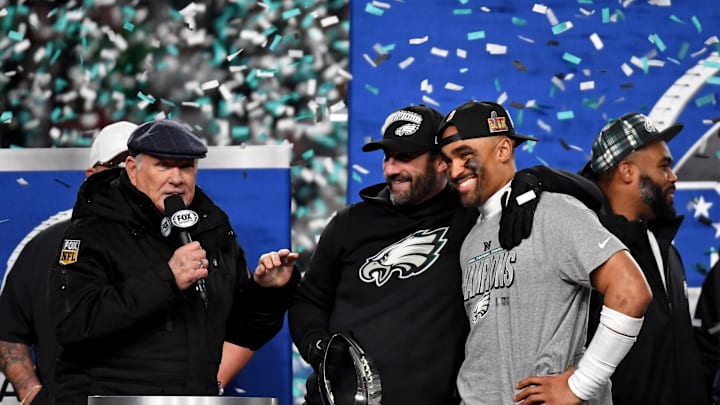 Jan 26, 2025; Philadelphia, PA, USA; Terry Bradshaw interviews Philadelphia Eagles head coach Nick Sirianni and quarterback Jalen Hurts (1) after winning the NFC Championship game against the Washington Commanders at Lincoln Financial Field. 