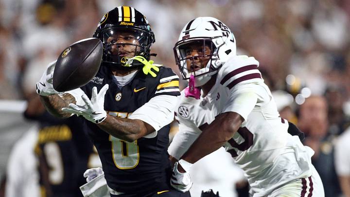Sep 26, 2026; Starkville, Mississippi, USA; Missouri Tigers wide receiver Naeshaun Montgomery (0) attempts to make the catch as Mississippi State Bulldogs cornerback Jett Jefferson (20) defends during the first quarter at Davis Wade Stadium at Scott Field. Mandatory Credit: Petre Thomas-Imagn Images Sep 26, 2026; Starkville, Mississippi, USA; Missouri Tigers wide receiver Naeshaun Montgomery (0) attempts to make the catch as Mississippi State Bulldogs cornerback Jett Jefferson (20) defends during the first quarter at Davis Wade Stadium at Scott Field. Mandatory Credit: Petre Thomas-Imagn Images
