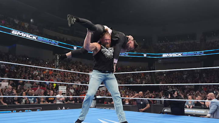 Brock Lesnar lays the smackdown, appropriately enough on WWE Friday Night Smackdown. Brock Lesnar lays the smackdown, appropriately enough on WWE Friday Night Smackdown.