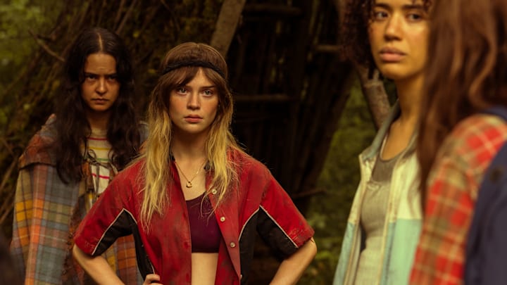 L-R: Courtney Eaton as Teen Lottie, Sophie Thatcher as Teen Natalie, Jasmin Savoy Brown as Teen Taissa, and Sophie Nélisse as Teen Shauna in Yellowjackets, episode 3, season 3