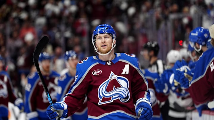 May 5, 2026; Denver, Colorado, USA; Colorado Avalanche center Nathan MacKinnon (29) reacts after scoring a goal during the third period against the Minnesota Wild in game two of the second round of the 2026 Stanley Cup Playoffs at Ball Arena. Mandatory Credit: Ron Chenoy-Imagn Images