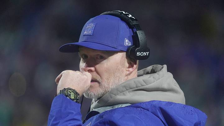 Buffalo Bills head coach Sean McDermott talks to one of the assistant coaches during second half action against the Philadelphia Eagles at Highmark Stadium in Orchard Park on Dec. 28, 2025.