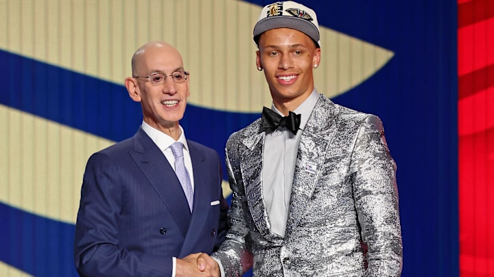 Jun 23, 2022; Brooklyn, NY, USA; Dyson Daniels (G League Ignite) shakes hands with NBA commissioner Adam Silver after being selected as the number eight overall pick by the New Orleans Pelicans in the first round of the 2022 NBA Draft at Barclays Center. Mandatory Credit: Brad Penner-Imagn Images