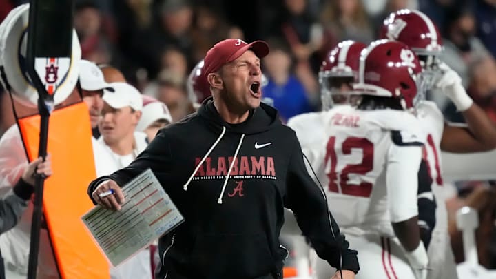 Nov 29, 2025; Auburn, Alabama, USA; Alabama head coach Kalen DeBoer protests a personal foul call against the Crimson Tide during the game with Auburn at Jordan-Hare Stadium. Mandatory Credit: Gary Cosby Jr.-Tuscaloosa News
