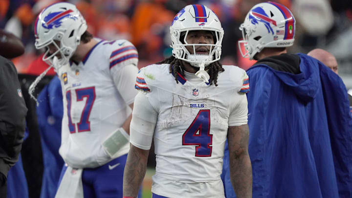 Buffalo Bills running back James Cook III looks to the sidelines as the teams change positions at the end of the third quarter at Empower Field at Mile High in Denver, Colorado on Jan. 17, 2026.