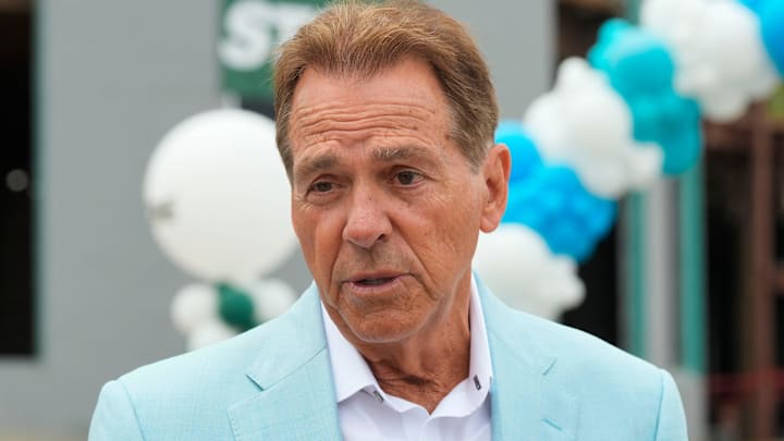 March 30, 2026; Tuscaloosa, AL, USA; Nick Saban answer questions from the news media at the Saban Center Topping Out ceremony.