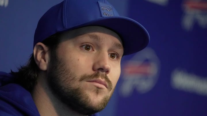 Bills quarterback Josh Allen answer a range of questions after the press conference introducing Joe Brady as the new head coach at the Bills field house in Orchard Park on Jan. 29, 2026.