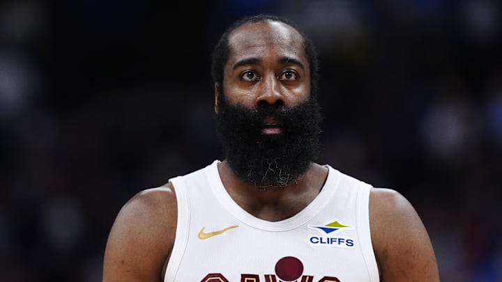 Feb 9, 2026; Denver, Colorado, USA; Cleveland Cavaliers guard James Harden (1) during the second quarter against the Denver Nuggets at Ball Arena. Mandatory Credit: Ron Chenoy-Imagn Images