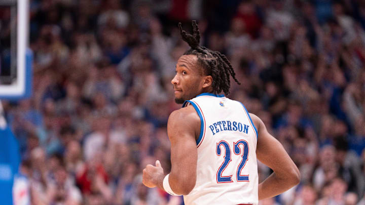 Kansas Jayhawks guard Darryn Peterson (22) looks back after scoring against Baylor Bears during the game inside Allen Fieldhouse on Jan. 16, 2026.