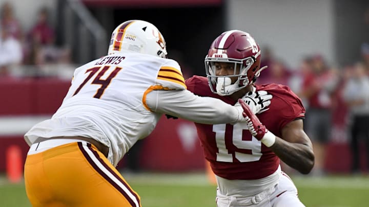 Sep 17, 2022; Tuscaloosa, Alabama, USA;  UL Monroe Warhawks offensive lineman Keydrell Lewis (74) blocks against Alabama Crimson Tide linebacker Keanu Koht (19) at Bryant-Denny Stadium. Alabama won 63-7. Mandatory Credit: Gary Cosby Jr.-USA TODAY Sports