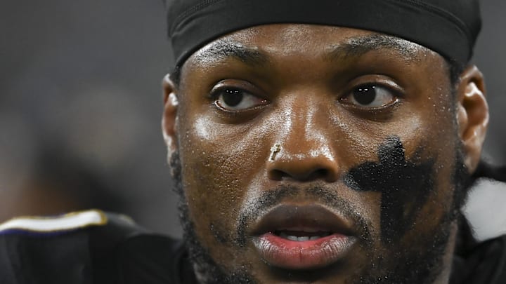 Sep 29, 2024; Baltimore, Maryland, USA;  Baltimore Ravens running back Derrick Henry (22) was down the sidelines during the first half against the Buffalo Bills at M&T Bank Stadium. Mandatory Credit: Tommy Gilligan-Imagn Images