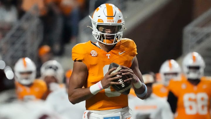 Tennessee quarterback Nico Iamaleava (8) looks for an open receiver during an NCAA college football game against Mississippi State on Saturday, Nov. 9, 2024, in Knoxville, Tenn.