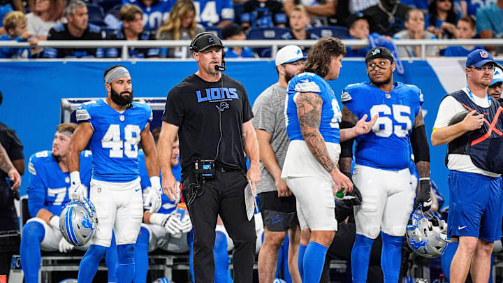 Detroit Lions head coach Dan Campbell watches a play against Houston Texans during the second half at Ford Field in Detroit on Saturday, August 23, 2025.