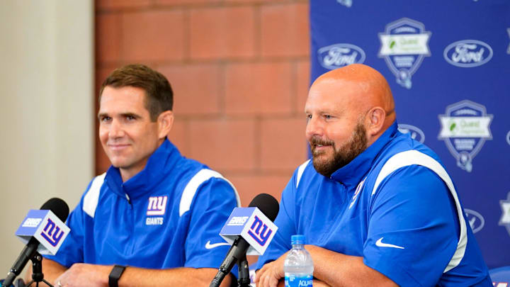 New York Giants head coach Brian Daboll, right, and general manager Joe Schoen hold a press