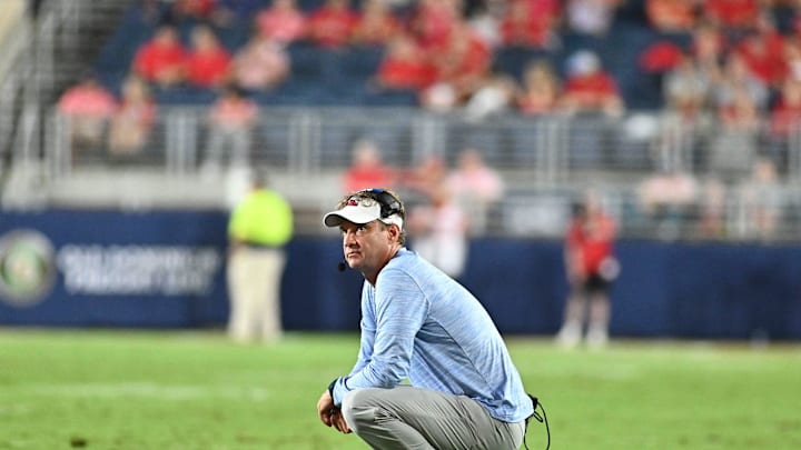 Ole Miss head coach Lane Kiffin looks at the scoreboard during a timeout against the Central Arkansas Bears during the second quarter at Vaught-Hemingway Stadium in Oxford, Miss., on Sept 10, 2022.
