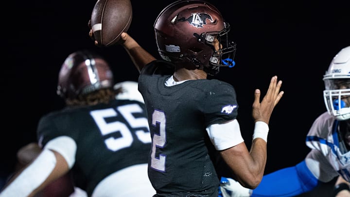Lipscomb's Deuce Knight (2) throws against IMG at Lipscomb's Reese Smith Football Field in Nashville, Tenn., Friday night, Aug. 18, 2023. IMG went on to win the game 35-10.