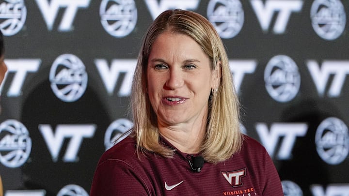 Oct 9, 2024; Charlotte, NC, USA;  Virginia Tech head coach Megan Duffy during ACC Media Days at The Hilton Charlotte Uptown. Mandatory Credit: Jim Dedmon-Imagn Images