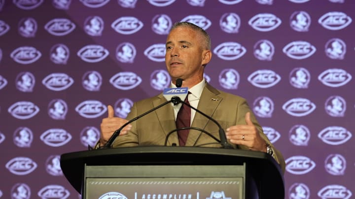 Jul 22, 2024; Charlotte, NC, USA; Florida State head coach Mike Norvell speaks to the media during ACC Kickoff at Hilton Charlotte Uptown. Mandatory Credit: Jim Dedmon-USA TODAY Sports