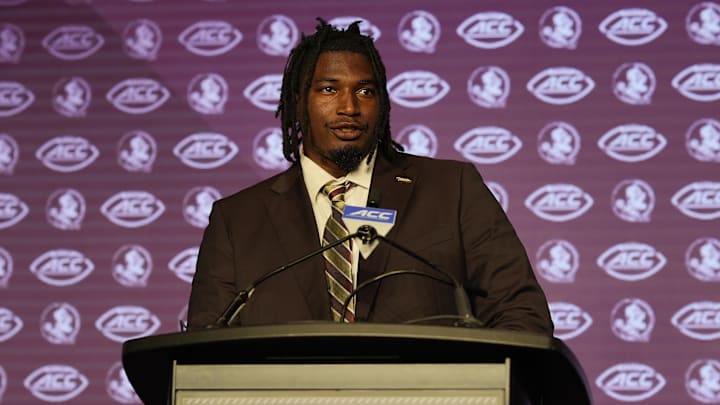 Jul 22, 2024; Charlotte, NC, USA; Florida State offensive lineman Darius Washington speaks to the media during ACC Kickoff at Hilton Charlotte Uptown. Mandatory Credit: Jim Dedmon-Imagn Images