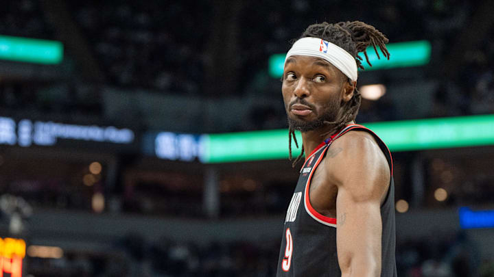 Feb 8, 2025; Minneapolis, Minnesota, USA; Portland Trail Blazers forward Jerami Grant (9) argues with a referee in the third quarter against the Minnesota Timberwolves at Target Center. Mandatory Credit: Matt Blewett-Imagn Images