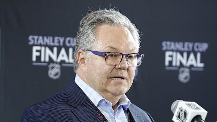 Jun 2, 2023; Las Vegas, Nevada, USA; Vegas Golden Knights general manager Kelly McCrimmon answers questions to the press during media day in advance of the 2023 Stanley Cup Final. Mandatory Credit: Lucas Peltier-Imagn Images