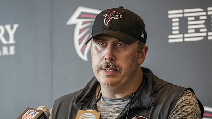 Jul 27, 2023; Flowery Branch, GA, USA; An Atlanta Falcons head coach Arthur Smith talks to the media