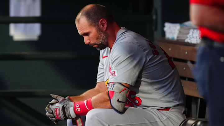 Sep 25, 2024; Denver, Colorado, USA; St. Louis Cardinals first base Paul Goldschmidt (46) in the dug out before the game against the Colorado Rockies at Coors Field. Mandatory Credit: Ron Chenoy-Imagn Images