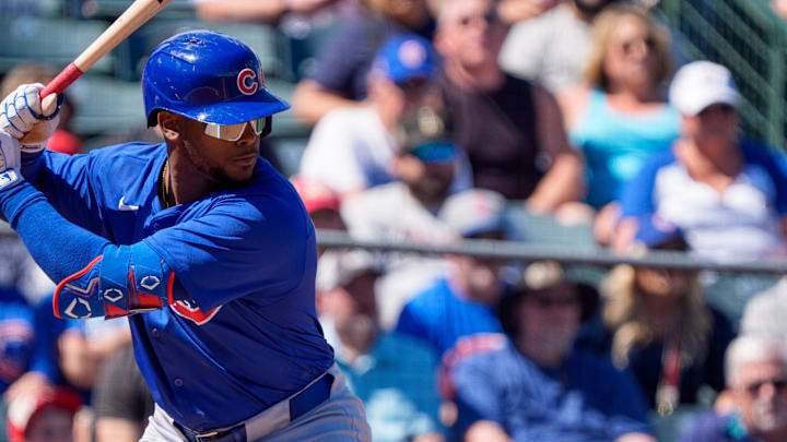 Mar 16, 2024; Tempe, Arizona, USA; Chicago Cubs outfielder Alexander Canario (4) at bat in the first