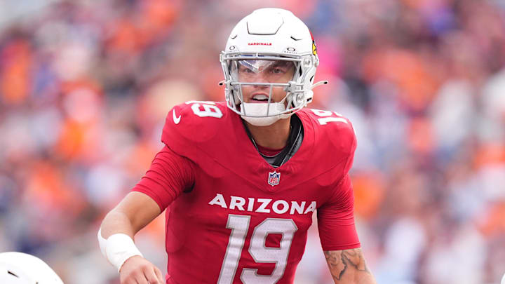Aug 25, 2024; Denver, Colorado, USA; Arizona Cardinals quarterback Desmond Ridder (19) during the second half against the Denver Broncos at Empower Field at Mile High. Mandatory Credit: Ron Chenoy-Imagn Images