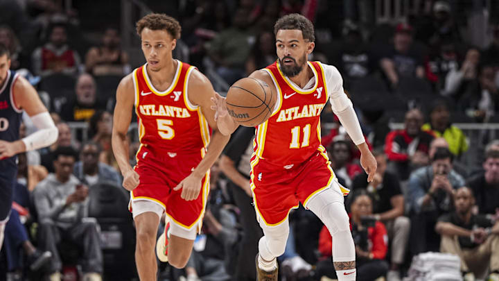 Mar 14, 2025; Atlanta, Georgia, USA; Atlanta Hawks guard Trae Young (11) brings the ball up the court against the LA Clippers during the first half at State Farm Arena. Mandatory Credit: Dale Zanine-Imagn Images Mar 14, 2025; Atlanta, Georgia, USA; Atlanta Hawks guard Trae Young (11) brings the ball up the court against the LA Clippers during the first half at State Farm Arena. Mandatory Credit: Dale Zanine-Imagn Images