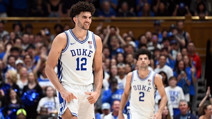 Jan 10, 2026; Durham, North Carolina, USA; Duke Blue Devils forward Cameron Boozer (12) reacts during the second half against the Southern Methodist Mustangs at Cameron Indoor Stadium. Mandatory Credit: Rob Kinnan-Imagn Images