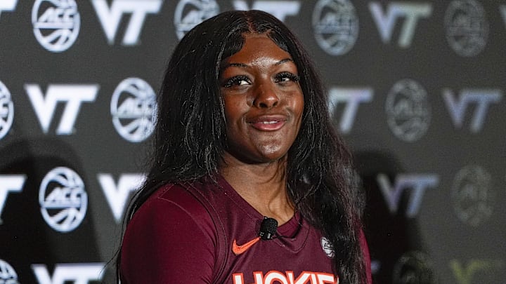 Oct 9, 2024; Charlotte, NC, USA;  Virginia Tech forward Rose Micheaux during ACC Media Days at The Hilton Charlotte Uptown. Mandatory Credit: Jim Dedmon-Imagn Images