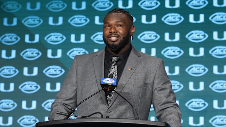 Jul 24, 2024; Charlotte, NC, USA;  Miami Hurricanes offensive lineman Jalen Rivers speaks to the media during the ACC Kickoff at Hilton Charlotte Uptown. 
