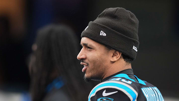 Dec 28, 2025; Charlotte, North Carolina, USA; Carolina Panthers running back Chuba Hubbard (30) looks on during warmups before the game against the Seattle Seahawks at Bank of America Stadium. Mandatory Credit: Jim Dedmon-Imagn Images