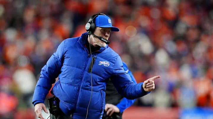 Jan 17, 2026; Denver, CO, USA; Buffalo Bills head coach Sean McDermott during overtime of an AFC Divisional Round playoff game at Empower Field against the Denver Broncos at Mile High. Mandatory Credit: Ron Chenoy-Imagn Images
