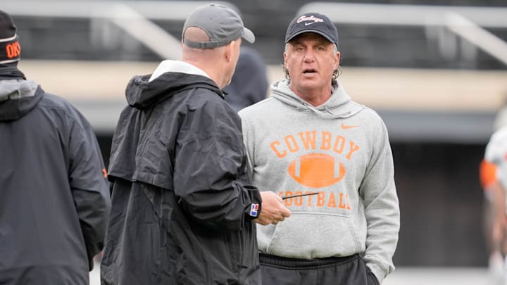 Head coach Mike Gundy stands on the sidelines during an Oklahoma State spring football showcase at Boone Pickens Stadium in Stillwater, Okla., Saturday, April 19, 2025.
