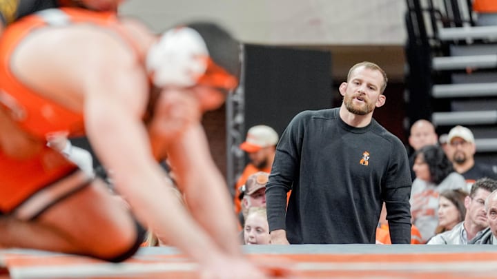 Oklahoma State’s head coach David Taylor yells during an NCAA wrestling meet between Oklahoma State and Missouri at Gallagher-Iba Arena in Stillwater, Okla., on Sunday, Feb. 2, 2025. Oklahoma State’s head coach David Taylor yells during an NCAA wrestling meet between Oklahoma State and Missouri at Gallagher-Iba Arena in Stillwater, Okla., on Sunday, Feb. 2, 2025.