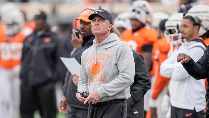 Head coach Mike Gundy looks at the score board during an Oklahoma State spring football showcase at Boone Pickens Stadium in Stillwater, Okla., Saturday, April 19, 2025. Head coach Mike Gundy looks at the score board during an Oklahoma State spring football showcase at Boone Pickens Stadium in Stillwater, Okla., Saturday, April 19, 2025.