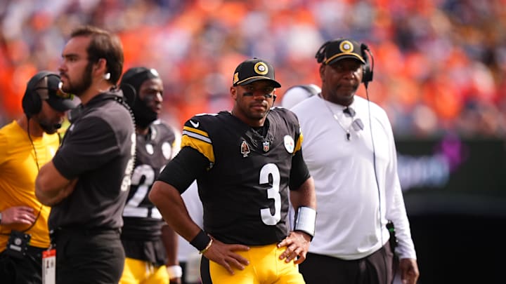 Sep 15, 2024; Denver, Colorado, USA; Pittsburgh Steelers quarterback Russell Wilson (3) in the second quarter against the Denver Broncos at Empower Field at Mile High. Mandatory Credit: Ron Chenoy-Imagn Images
