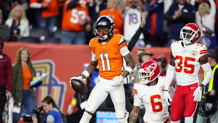 Nov 16, 2025; Denver, Colorado, USA; Denver Broncos wide receiver Troy Franklin (11) reacts after a first down in the fourth quarter against the Kansas City Chiefs at Empower Field at Mile High. Mandatory Credit: Ron Chenoy-Imagn Images Nov 16, 2025; Denver, Colorado, USA; Denver Broncos wide receiver Troy Franklin (11) reacts after a first down in the fourth quarter against the Kansas City Chiefs at Empower Field at Mile High. Mandatory Credit: Ron Chenoy-Imagn Images