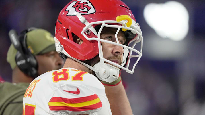 Kansas City Chiefs tight end Travis Kelce puts on his helmet getting ready to take the field during first half action at Highmark Stadium in Orchard Park on Nov. 2, 2025. | Tina MacIntyre-Yee/Democrat and Chronicle / USA TODAY NETWORK via Imagn Images