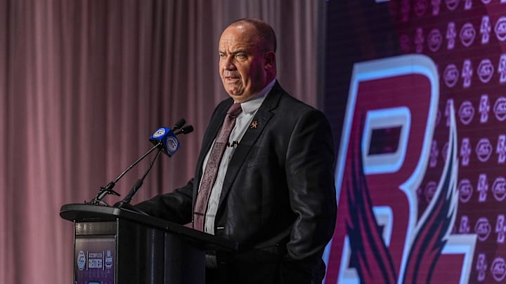Jul 24, 2024; Charlotte, NC, USA; Boston College Eagles head coach Bill O'Brien talks with the media during the ACC Kickoff at Hilton Charlotte Uptown. Mandatory Credit: Jim Dedmon-Imagn Images Jul 24, 2024; Charlotte, NC, USA; Boston College Eagles head coach Bill O'Brien talks with the media during the ACC Kickoff at Hilton Charlotte Uptown. Mandatory Credit: Jim Dedmon-Imagn Images