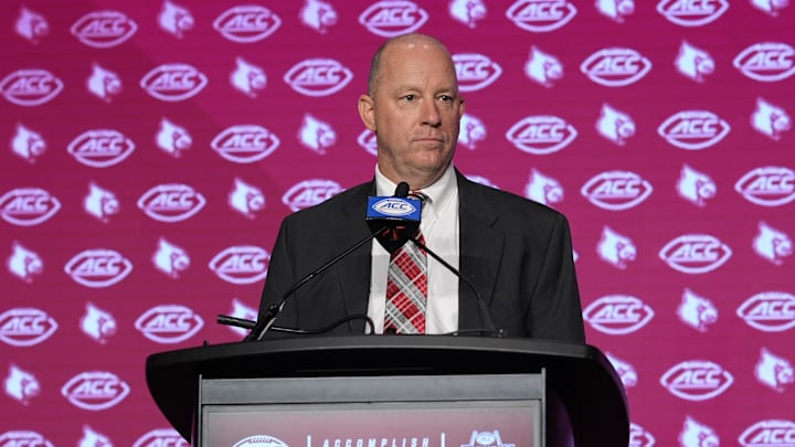 Jul 24, 2024; Charlotte, NC, USA;  Louisville Cardinals head coach Jeff Brohm speaks to the media during the ACC Kickoff at Hilton Charlotte Uptown. Mandatory Credit: Jim Dedmon-Imagn Images