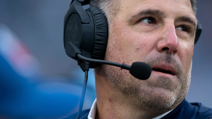 Tennessee Titans Head Coach Mike Vrabel works the sideline against the Carolina Panthers during their game at Nissan Stadium in Nashville, Tenn., Sunday, Nov. 26, 2023.
