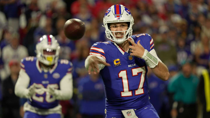 Buffalo Bills quarterback Josh Allen fires off a pass during first half action against the Baltimore Ravens at Highmark Stadium in Orchard Park on Sept. 7, 2025.