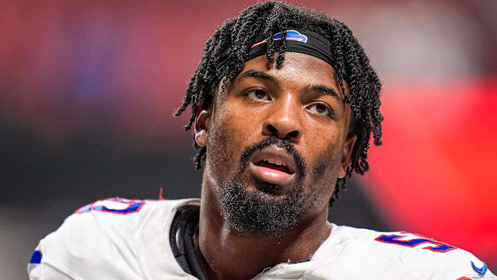 Oct 13, 2025; Atlanta, Georgia, USA; Buffalo Bills defensive end Greg Rousseau (50) on the field against the Atlanta Falcons at Mercedes-Benz Stadium. Oct 13, 2025; Atlanta, Georgia, USA; Buffalo Bills defensive end Greg Rousseau (50) on the field against the Atlanta Falcons at Mercedes-Benz Stadium.