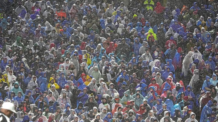 Rain poured down for most of the game against the Philadelphia Eagles at Highmark Stadium in Orchard Park on Dec. 28, 2025.