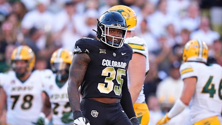 Aug 29, 2024; Boulder, Colorado, USA; Colorado Buffaloes defensive end BJ Green II (35) celebrates a play in the first half North Dakota State Bison at Folsom Field. Mandatory Credit: Ron Chenoy-Imagn Images Aug 29, 2024; Boulder, Colorado, USA; Colorado Buffaloes defensive end BJ Green II (35) celebrates a play in the first half North Dakota State Bison at Folsom Field. Mandatory Credit: Ron Chenoy-Imagn Images